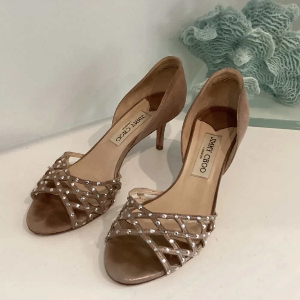 Jimmy Choo Suede Crystal Embellishment Slides Heels Sandals Shoes 37 7